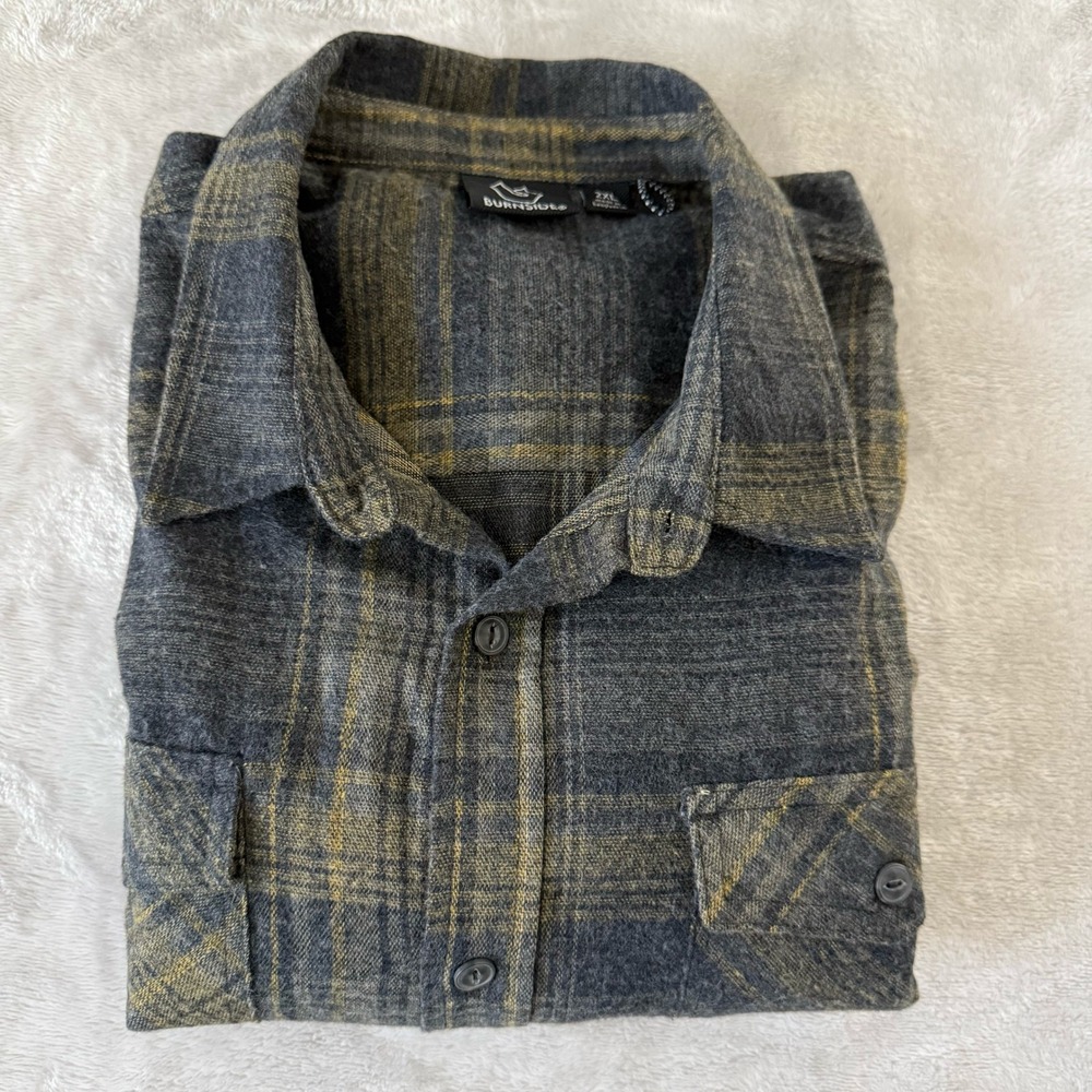 Burnside Mens‎ 2XL Flannel Shirt Long Sleeve Gray Yellow Plaid Button Up